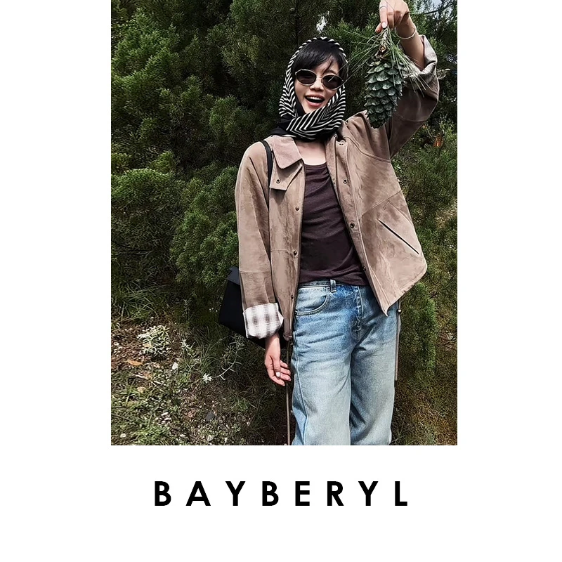 BAYBERYL老贝胡桃木*格纹翻领插肩袖抽绳休闲秋皮衣PY5F3001-8/3