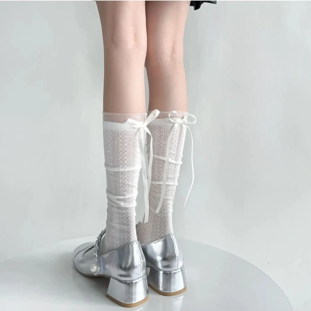 白色小腿袜子女夏季薄款芭蕾风蝴蝶结堆堆袜拼接灰色长袜配小皮鞋