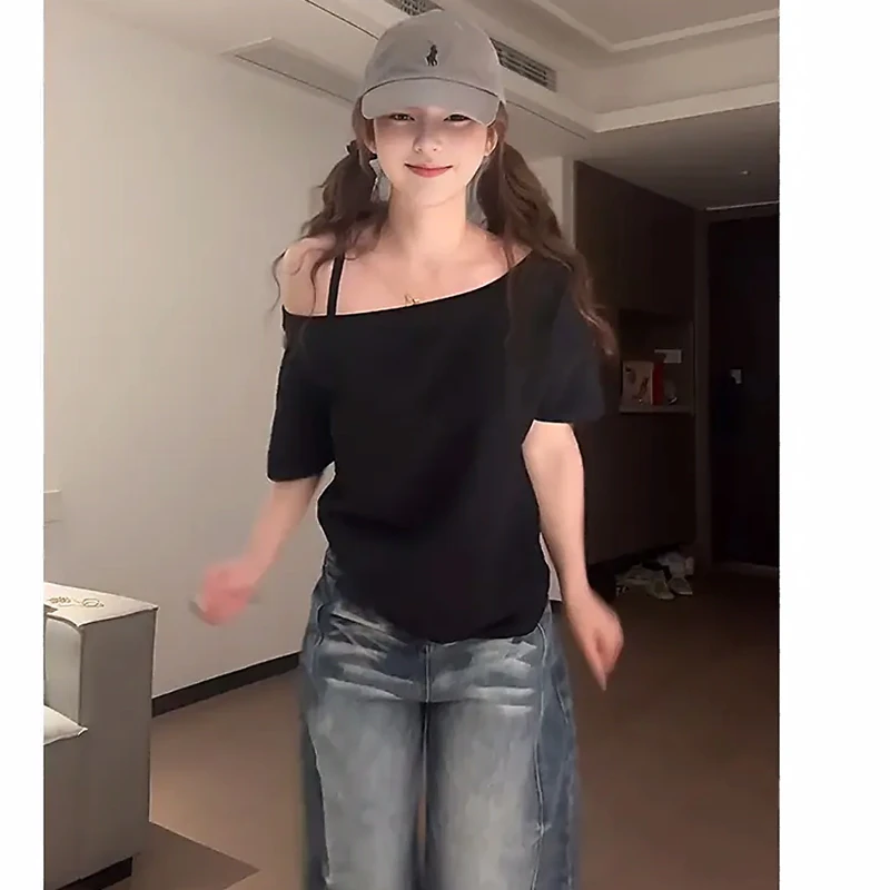 季新款一字领单肩露肩短袖t恤女百搭宽松显瘦斜肩露半边