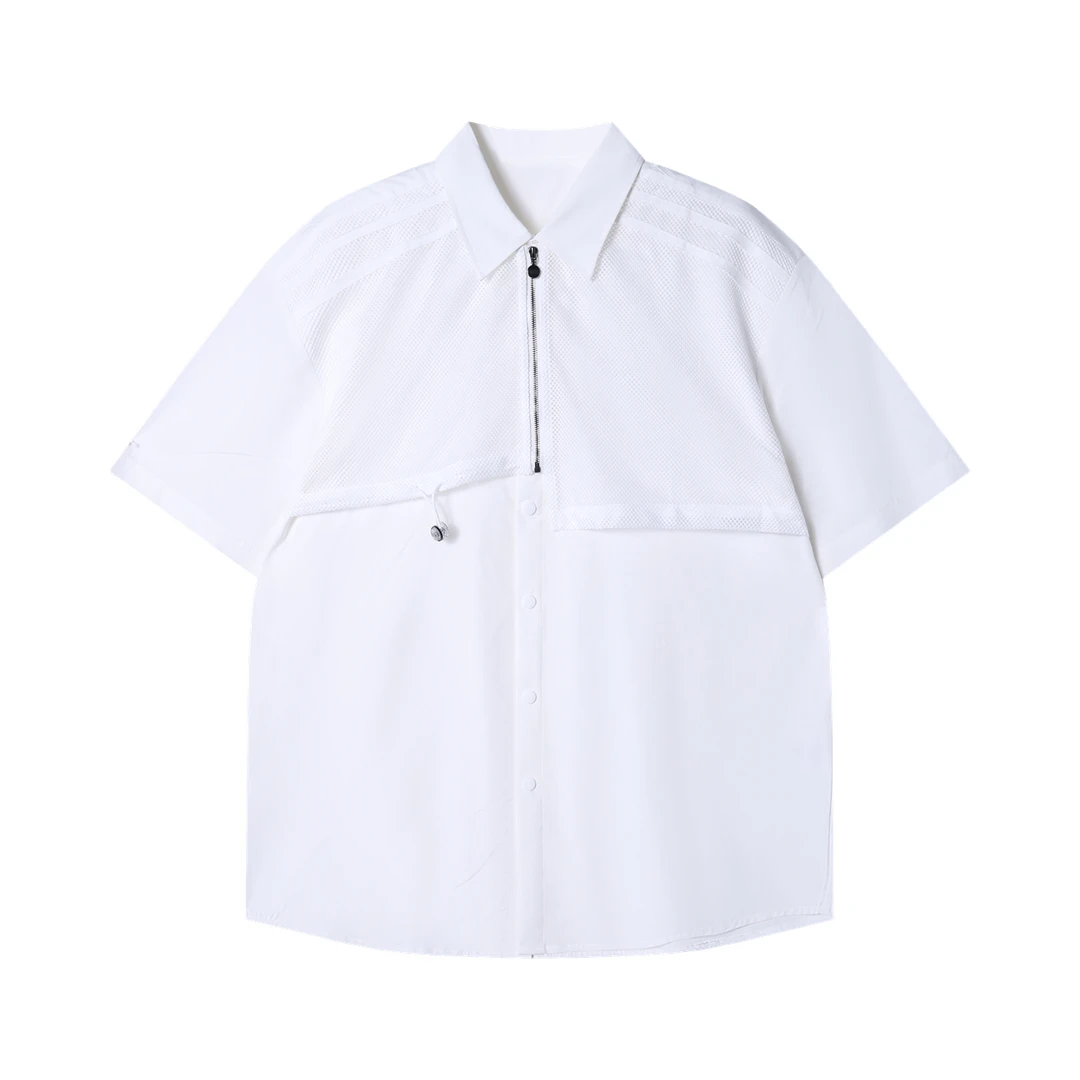 夏季高级感新款休闲简约纯色网纱半拉链设计时尚个性百搭短袖