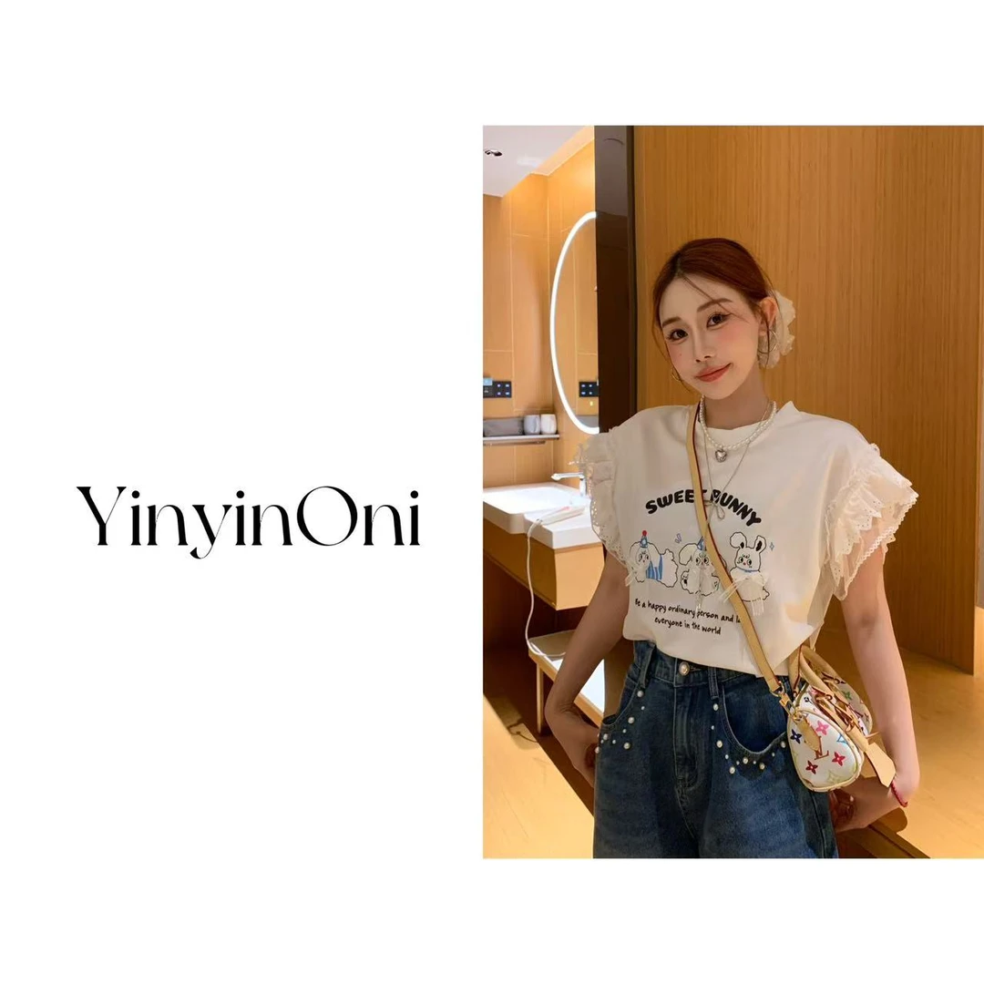茵茵欧尼（甜度上升）立体装饰蕾丝飞袖T恤女 韩版夏季时尚ins上衣