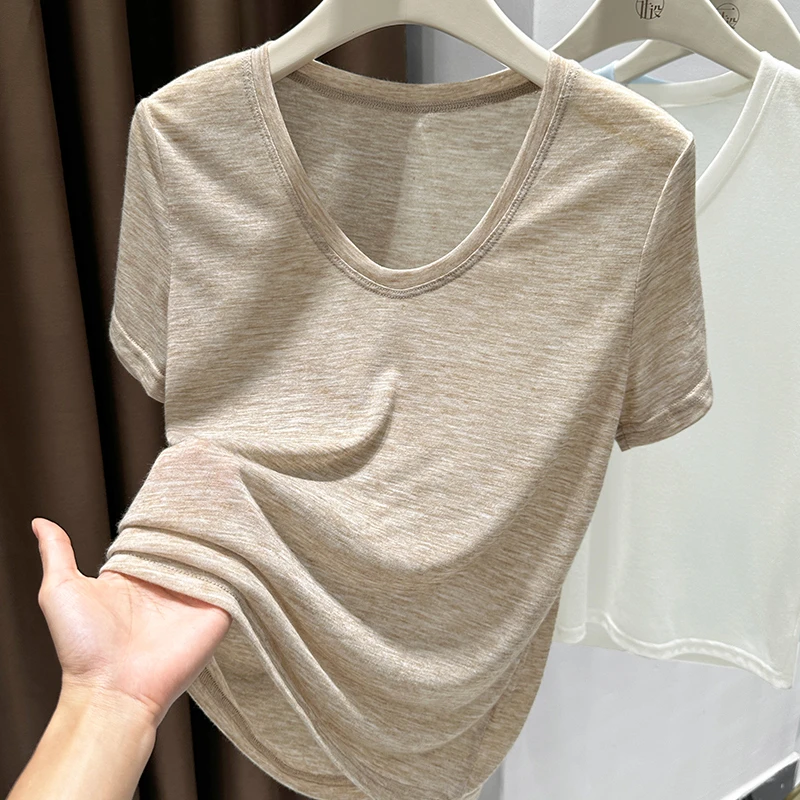 微透V领针织宽松短袖上衣夏季简约百搭薄款T恤大领口超薄打底内搭