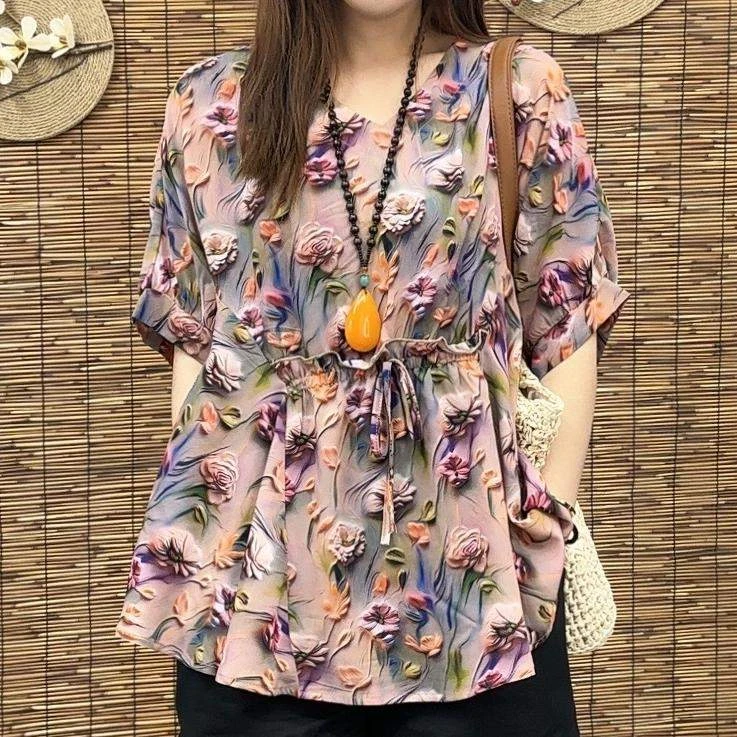 气质短袖妈妈雪纺衫女2025夏季新款时尚V领宽松显瘦薄款小衫