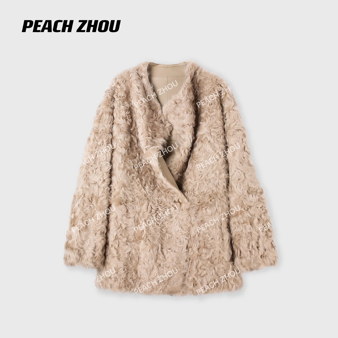 『PEACHZHOU』小湖羊皮毛一体荡领宽松高级感系扣随性慵懒皮草外套