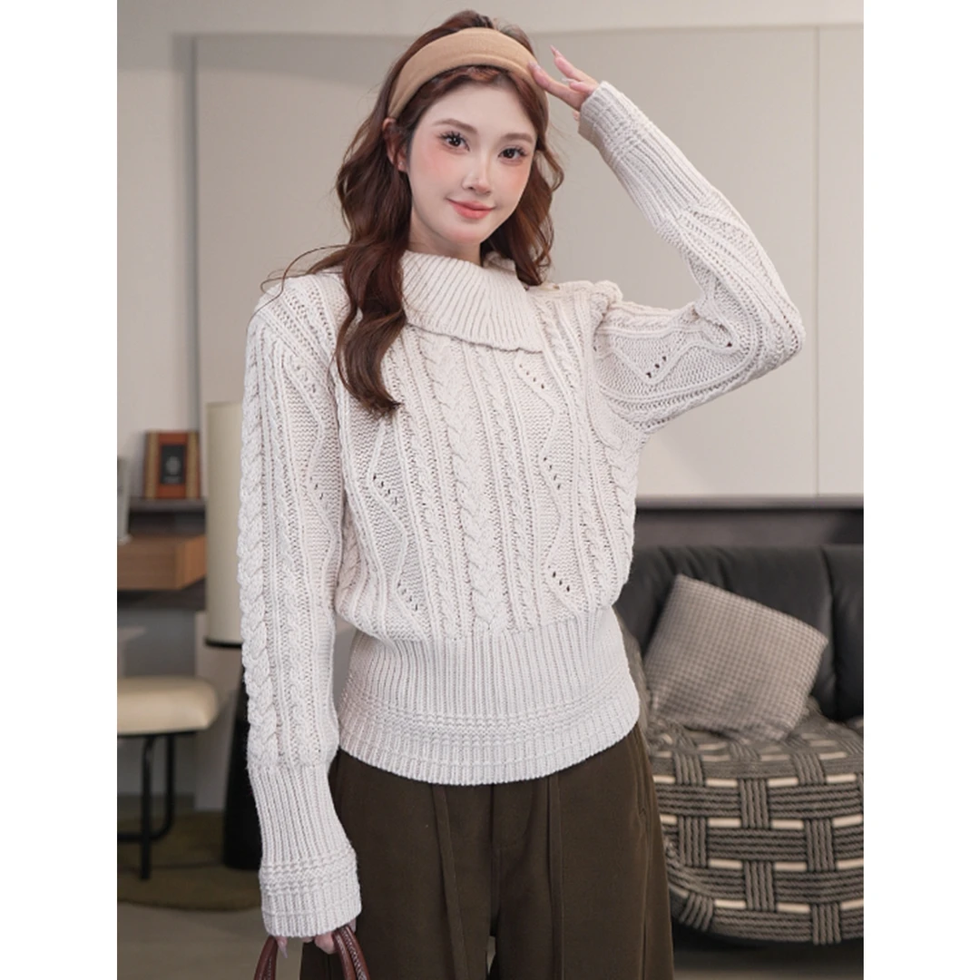 尔给秋冬500G收腰显瘦镂空毛衣女时尚宽松套头翻领慵懒风针织上衣