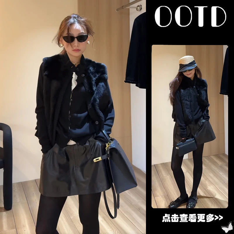 超火秋季穿搭一整套2025新款圆领针织开衫叠穿马甲百搭短裙三件套