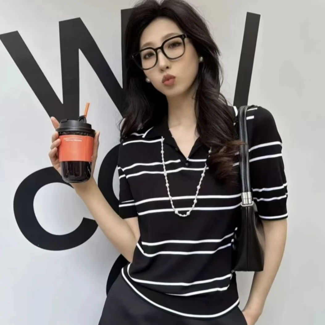 AMASS/阿玛施夏季新款质感 经典条纹时尚百搭短袖POLO衫T恤538009