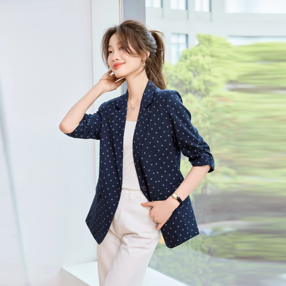 翻领长袖气质度假风夏季女西服拼接修身型西装轻职风蓝色时尚休闲