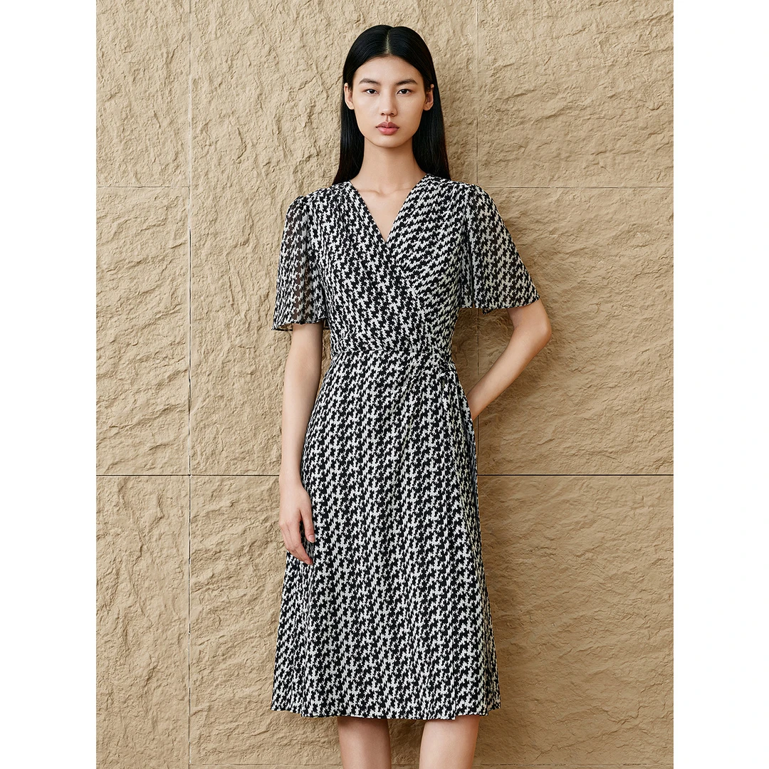 「艺术假日」INSUN恩裳夏V领围裹式千鸟格印花连衣裙9C65205200