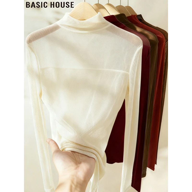 Basic House/百家好法式杏色半高领长袖T恤女2026秋冬网纱打底衫