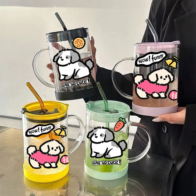 大容量1000ML玻璃杯手拿打工人水杯耐高温喝水吸管杯子女带把手Z