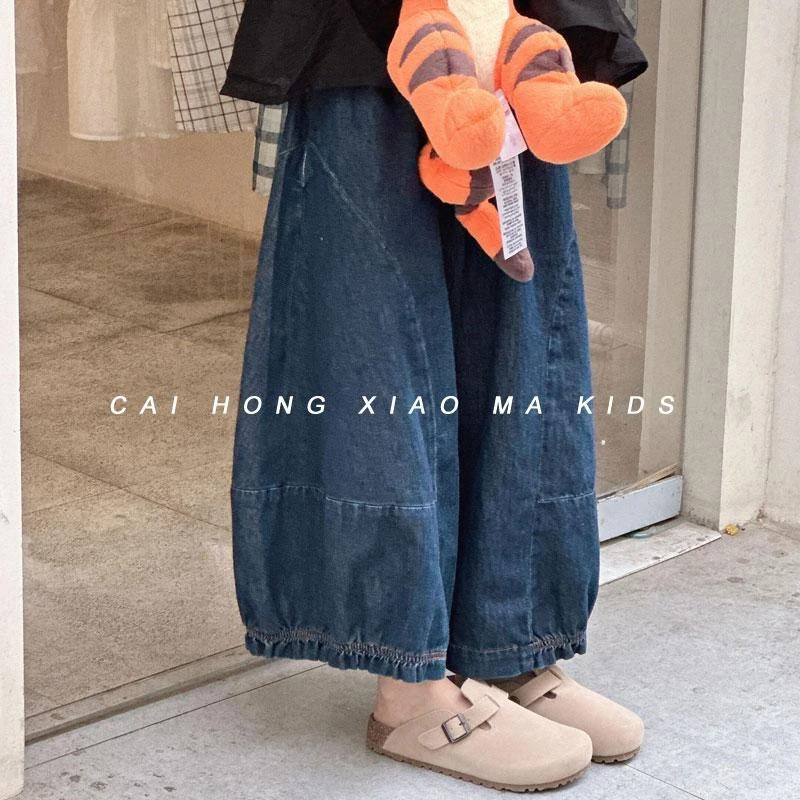 韩系童装女童裤子2025春秋新款女宝宝洋气哈伦九分花苞牛仔裤