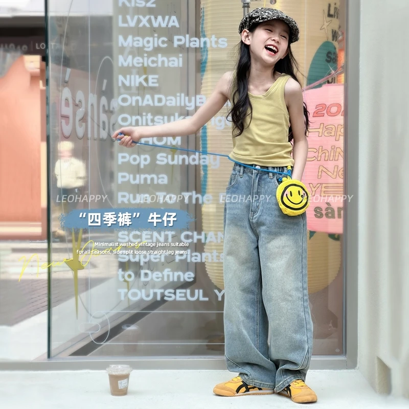 【四季裤】简约感水洗做旧四季可穿侧分割宽松直筒牛仔裤