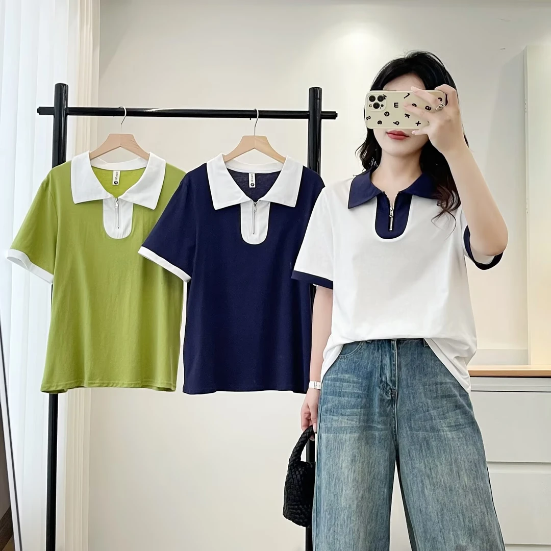 梦冬佳--110-190斤大码女装设计感拼色显瘦小众短袖T恤衫撞色POLO