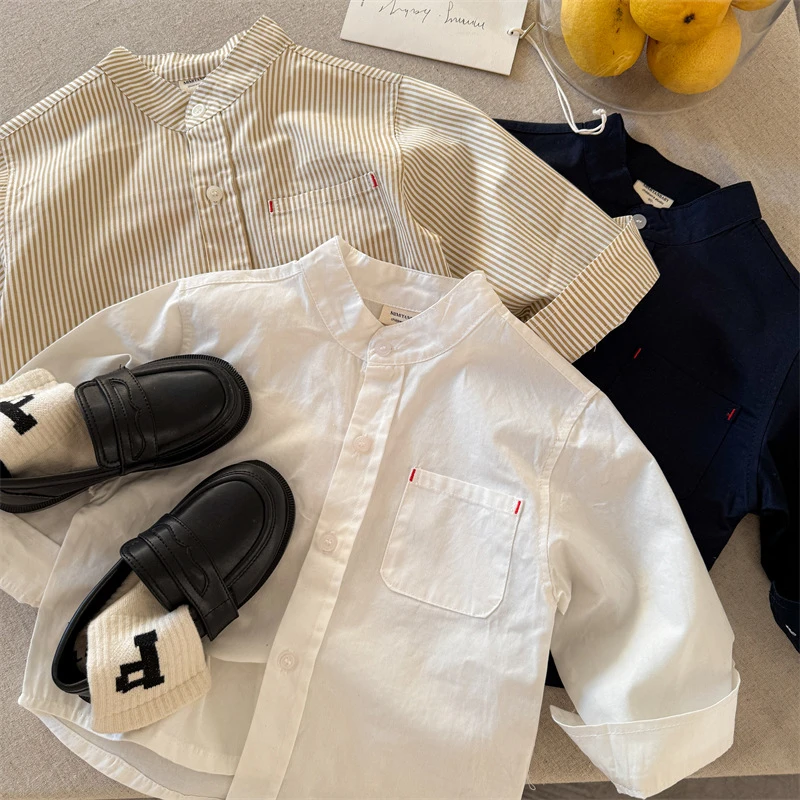 儿童衬衫2025秋季新品男女童圆领条纹衬衫宝宝纯色口袋衬衣