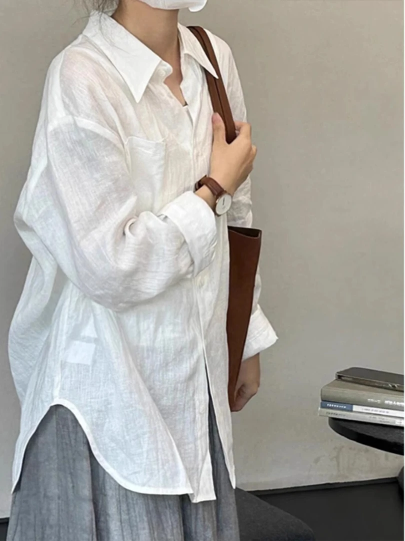 白色防晒衬衫女新款慵懒风棉麻长袖衬衣法式独特上衣2025夏百搭