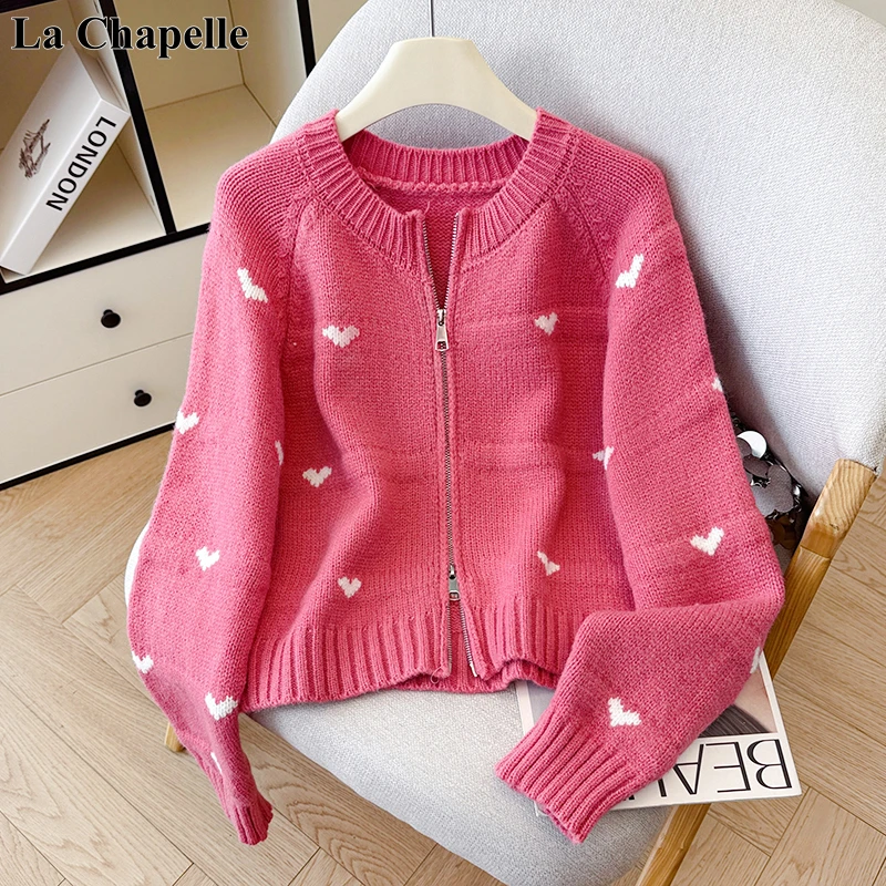 拉夏贝尔韩系甜美风爱心提花毛针织衫女秋冬时尚开衫毛衣外套上衣