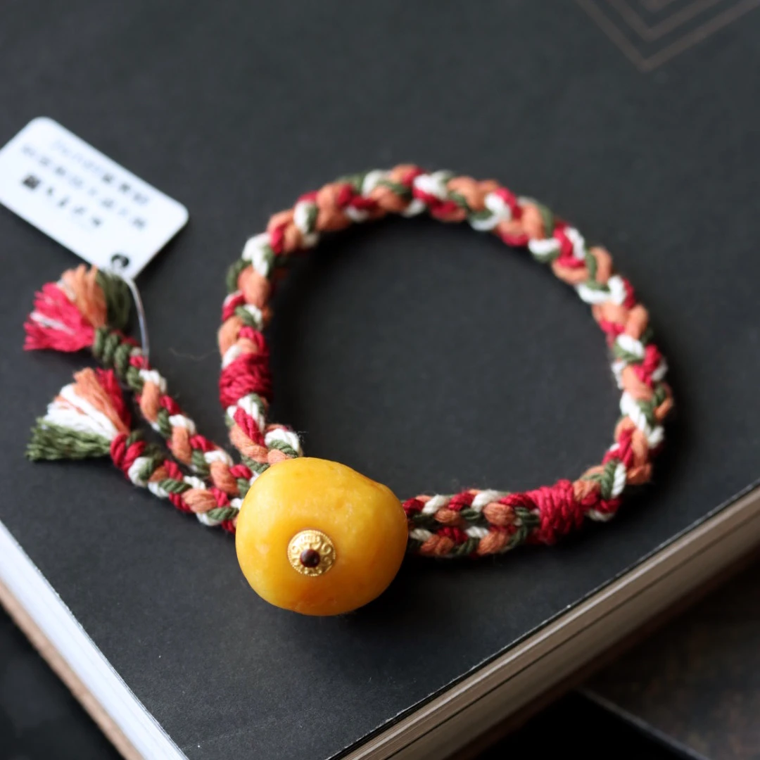 天然古董老蜜蜡奶石膏蜡墩子藏式手绳纯手工民族风彩色可调节百搭