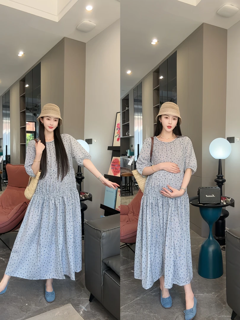 夏季新款孕妇碎花连衣裙小清新宽松显瘦气质孕妈穿搭洋气连衣裙