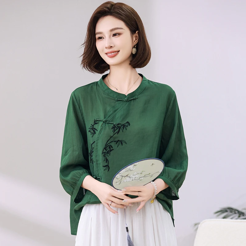 2025夏季纯苎麻刺绣气质宽松时尚休闲显瘦上衣财阀千金加宽加大女