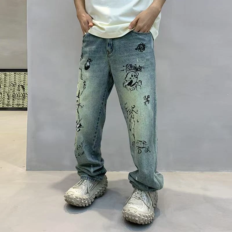 新款高街牛仔裤男女情侣春夏款潮牌宽松阔腿涂鸦印花痞帅休闲裤男