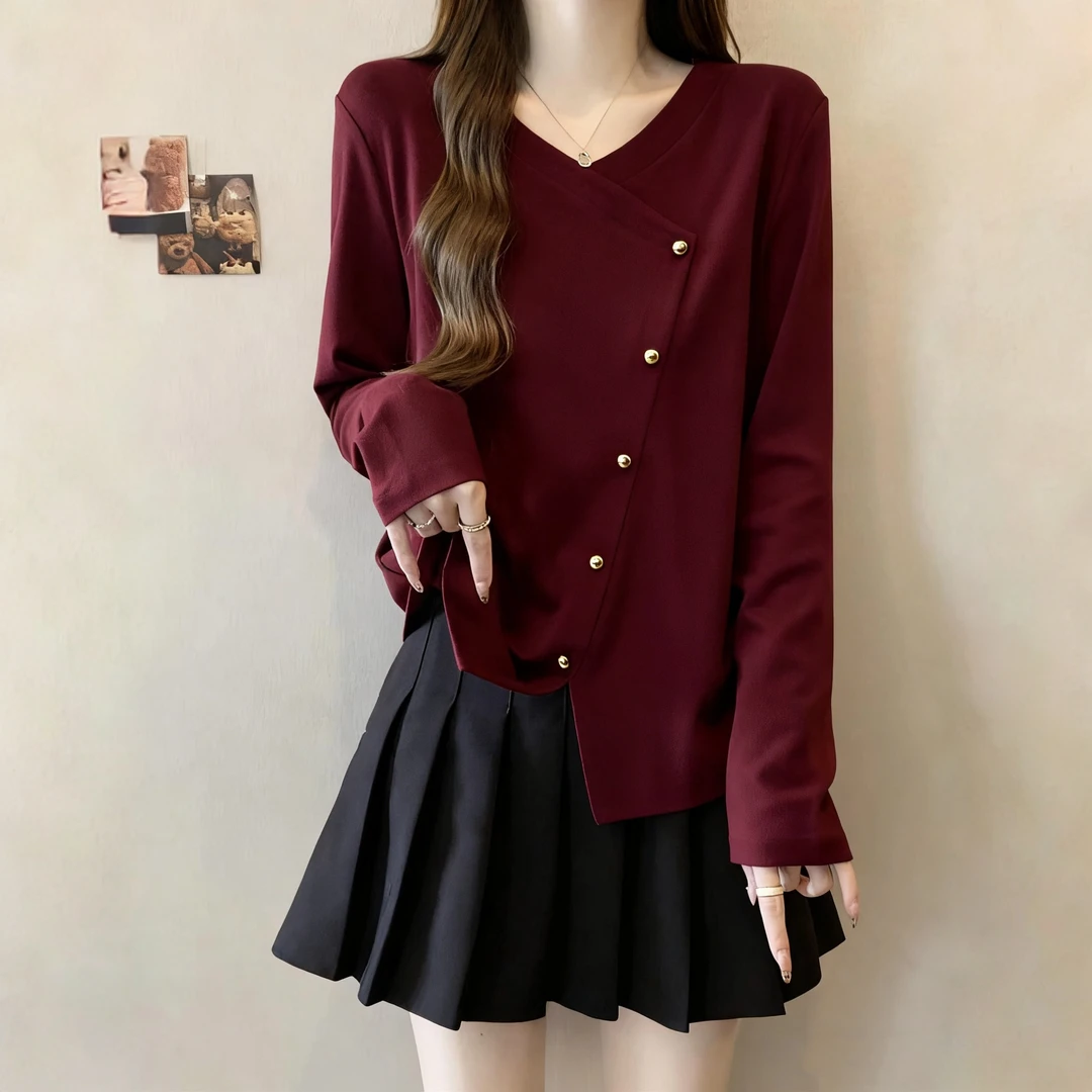 气质正肩v领长袖开衫体恤女秋季大码微胖mm遮肚子显瘦内搭打底上