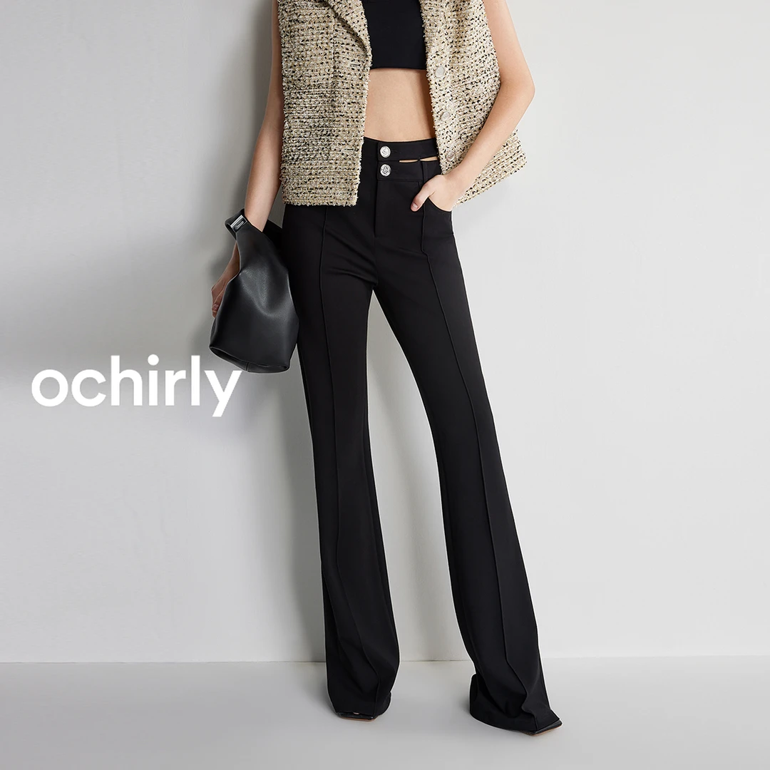 OCHIRLY欧时力弹力微喇裤裤子女镂空复古显瘦黑色1LY206502F