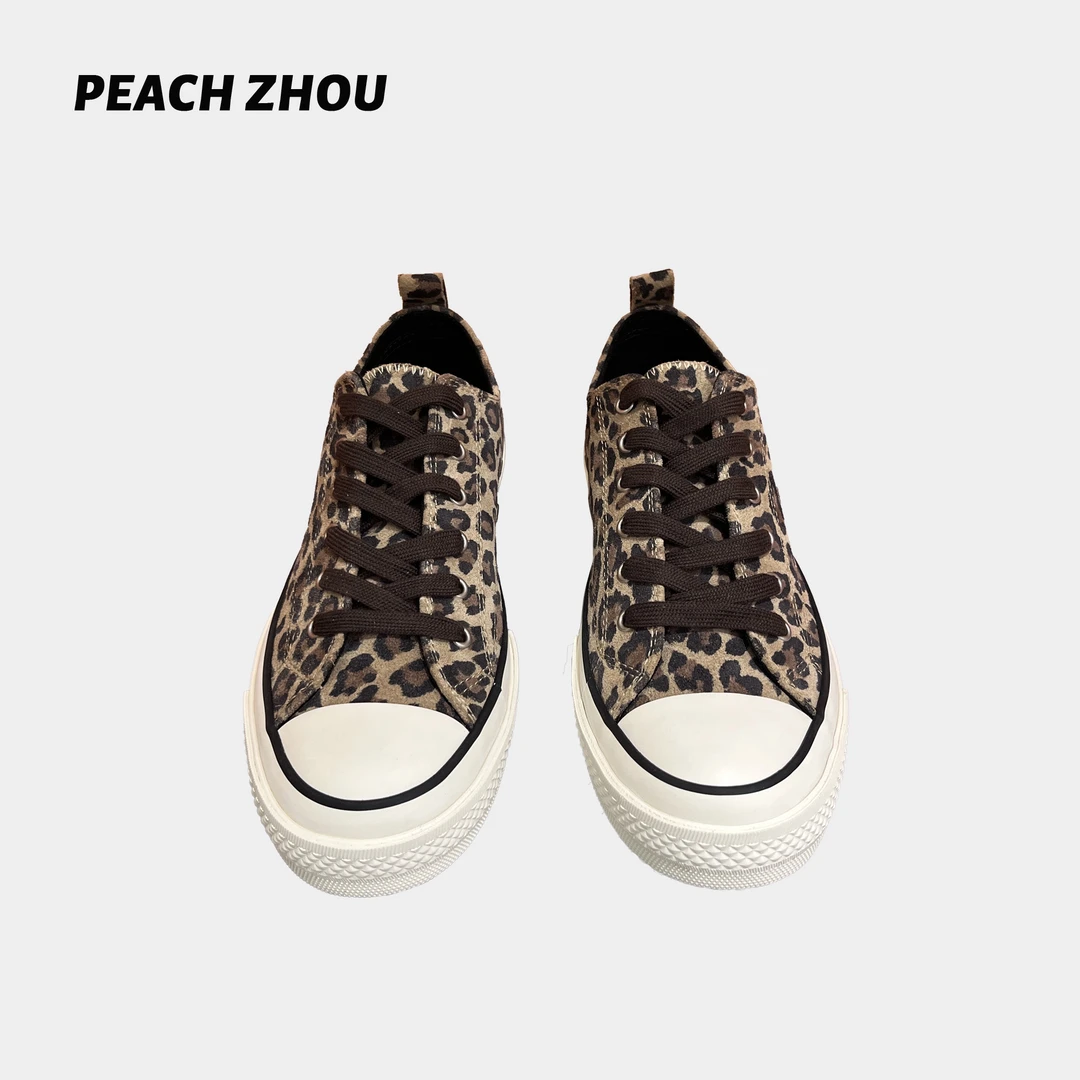 『PEACHZHOU』牛反毛经典豹纹低帮硫化橡胶帆布鞋系带平底休闲板鞋