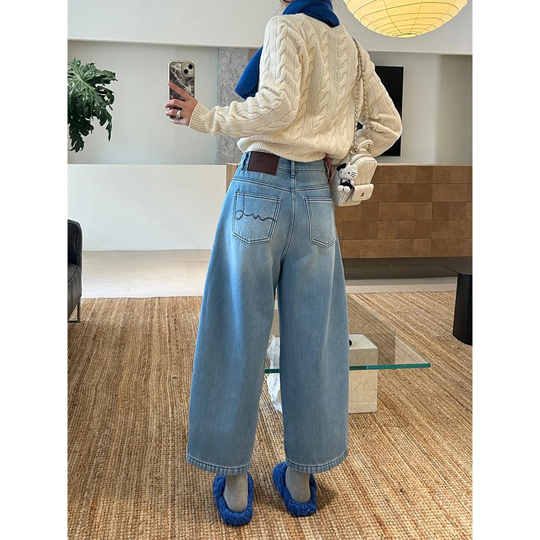 冬季加绒蓝色直筒牛仔裤女2025新款大码胖mm宽松显瘦九分阔腿裤子