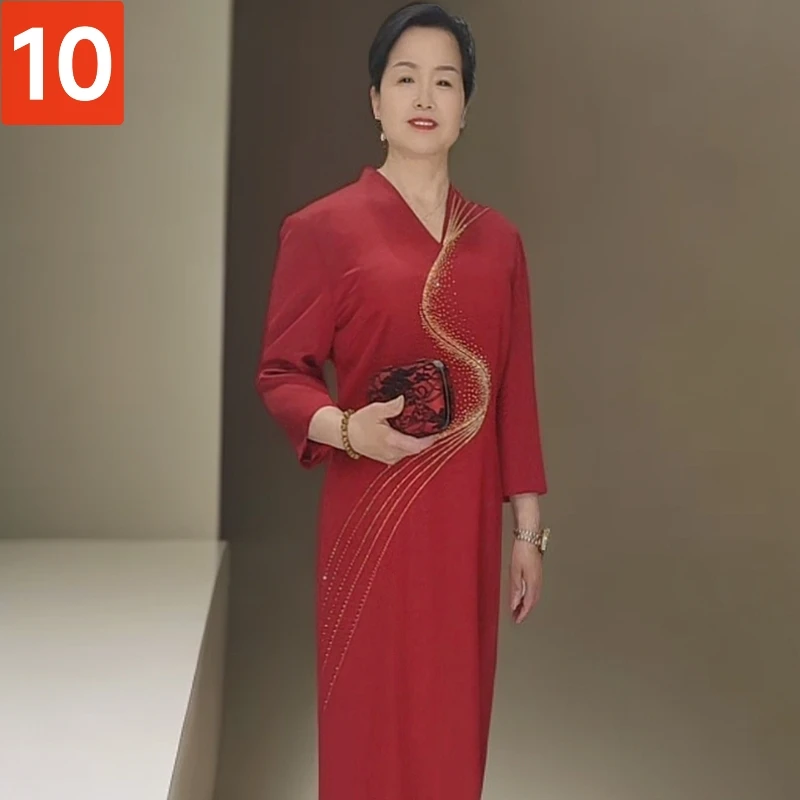 醋酸亮丝V领 绣花 烫钻礼服