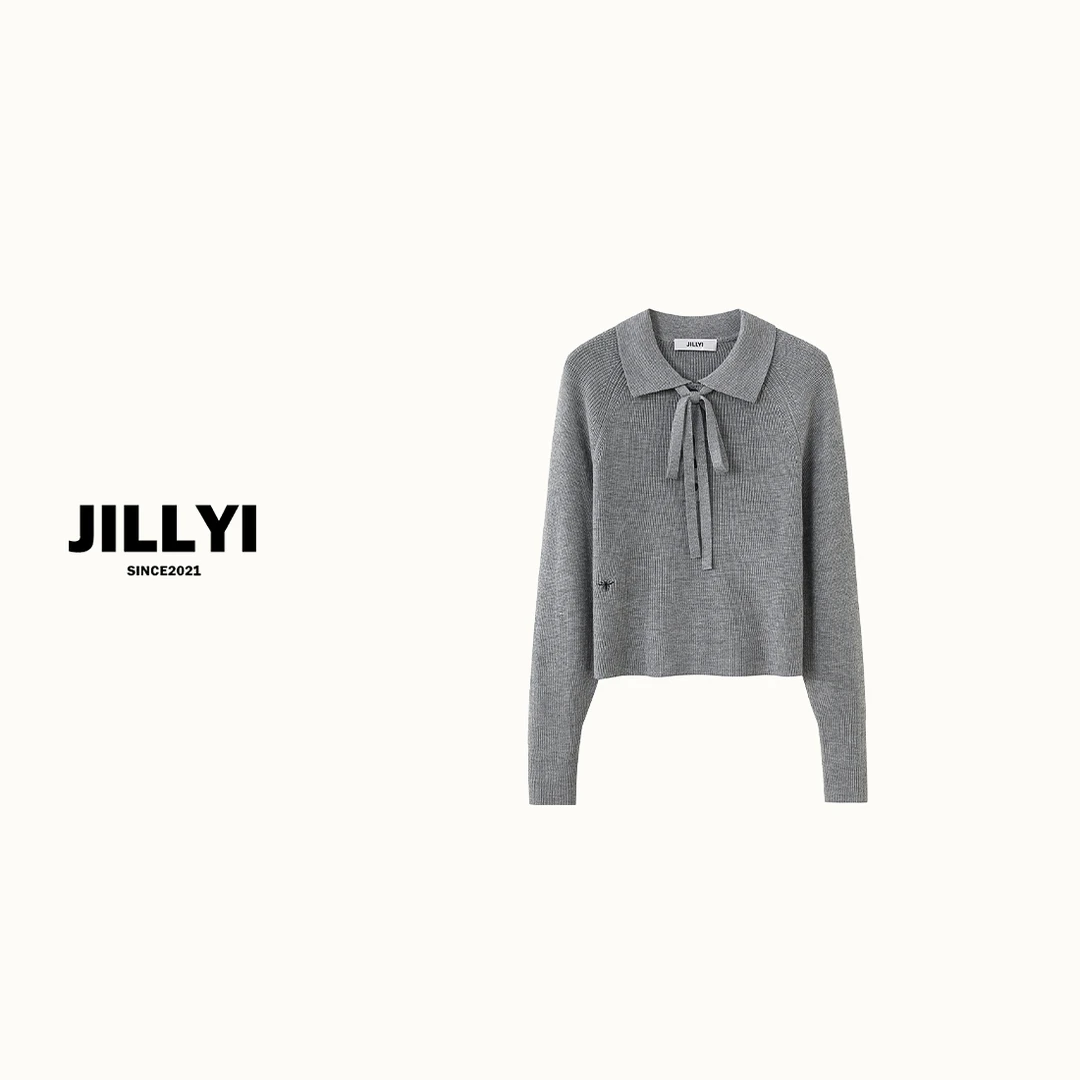 JILLYI南山店【心动降临】两色领口绑带蝴蝶结秋季简约韩版针织衫