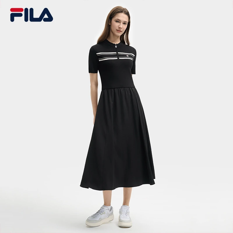 Fila/斐乐夏季女士【显瘦气质半拉链】短袖时尚连衣长裙F11W528307F