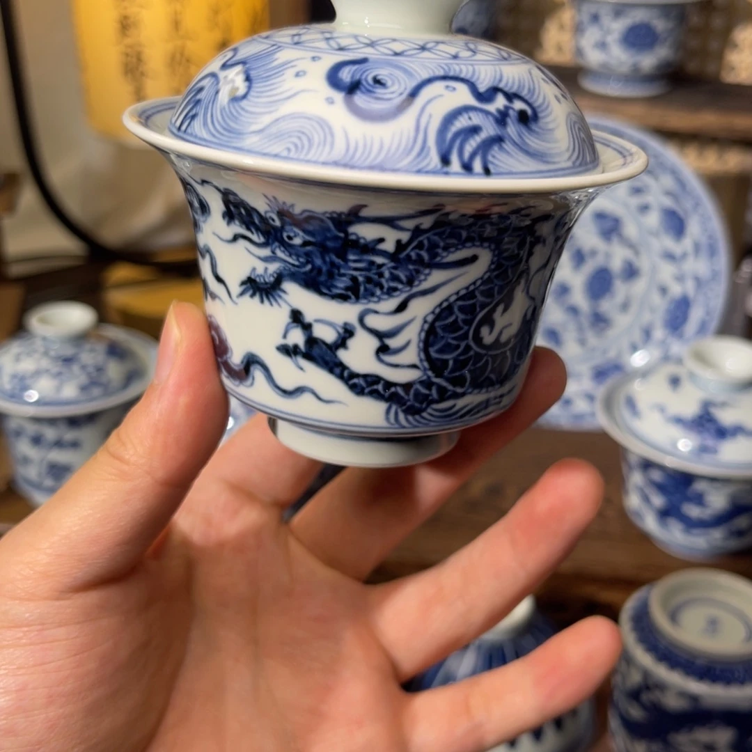 其他陶汀蓝手作纯手工手绘仿元龙纹二才马蹄盖碗