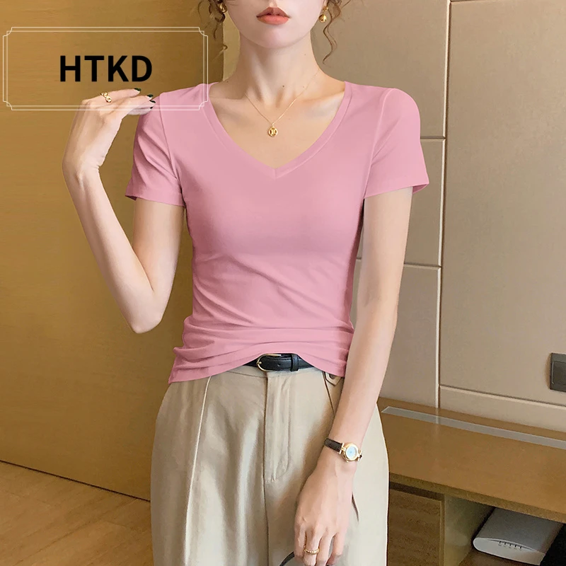HTKD2025年新款V领上衣性感纯色百搭短袖T恤女网红洋气纯棉打