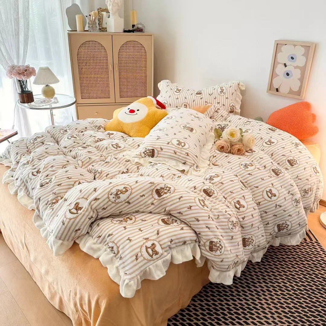 （清货）花边牛奶绒少女公主风加厚款四件套双面绒印花。旋转木马