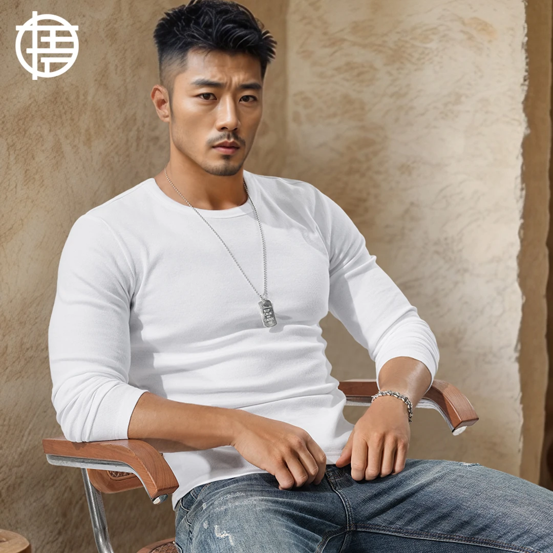 260G美式重磅螺纹打底衫男内搭贴身修身紧身纯色棉长袖T恤秋冬季