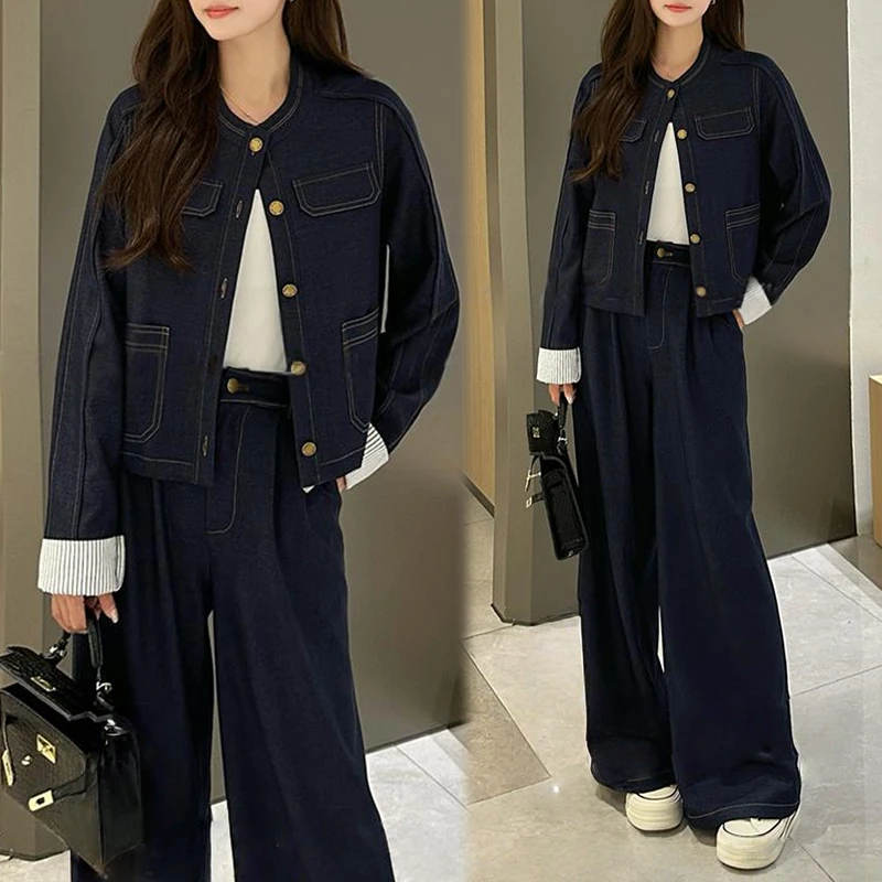 网红洋气炸街套装女2025年春秋新款显瘦牛仔长袖外套阔腿裤两件套