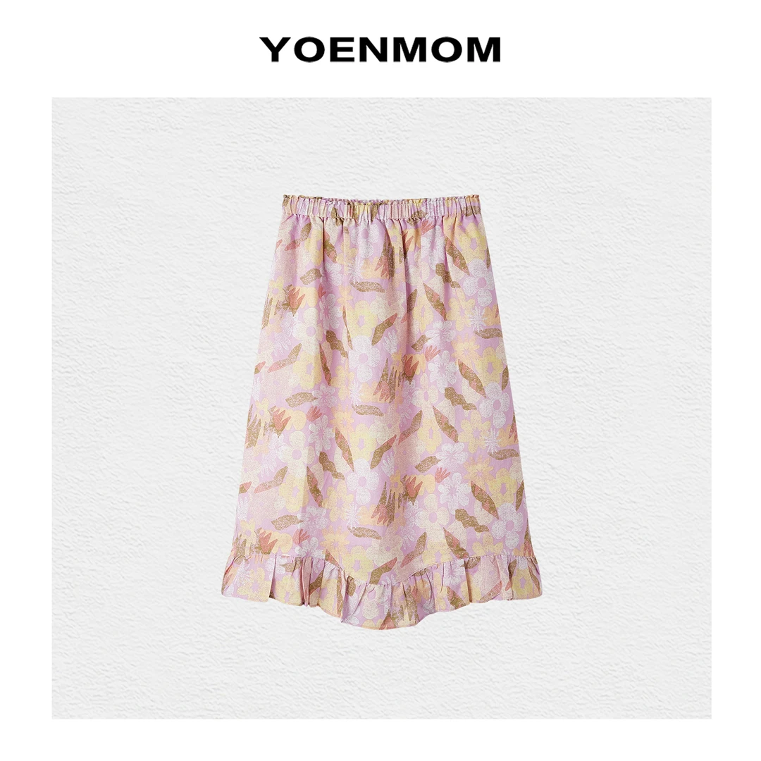 YOENMOM·油画裙·夏季新品 亚麻棉设计师款捏褶花边减龄感半身裙