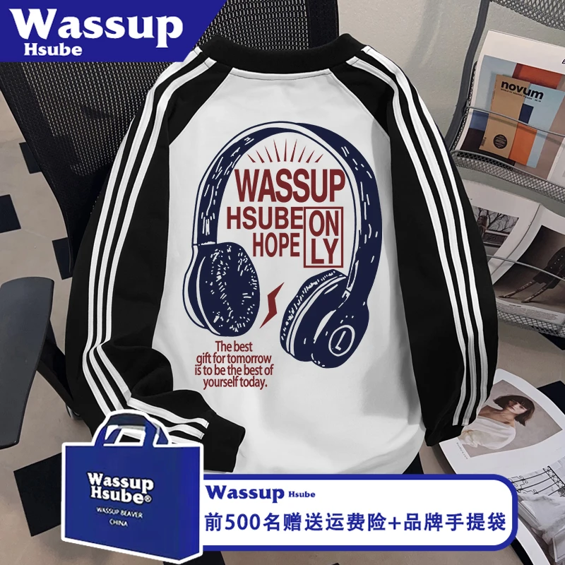 WASSUP HSUBE秋卡通耳机印花T恤美式纯棉长袖男女款三条杠ins上衣