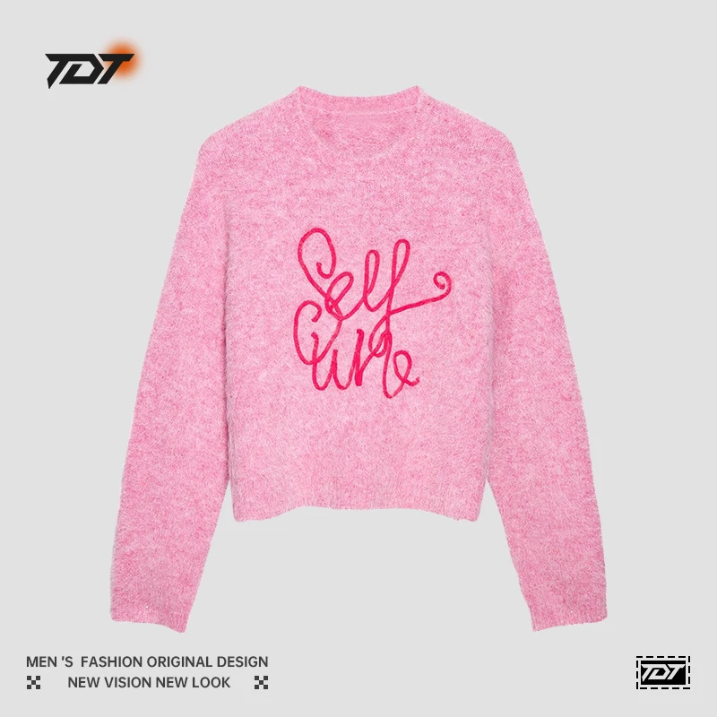 2024冬季新品羊毛混纺粉色针织绳字母毛宽松保暖针织衫女慵懒上衣