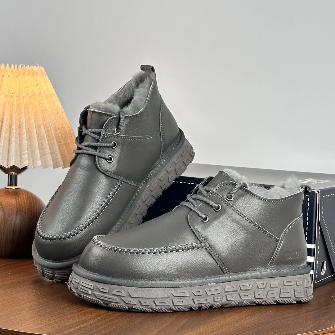 头层牛皮！内里羊皮毛一体！冬季皮面低帮系带情侣加厚东北雪地靴