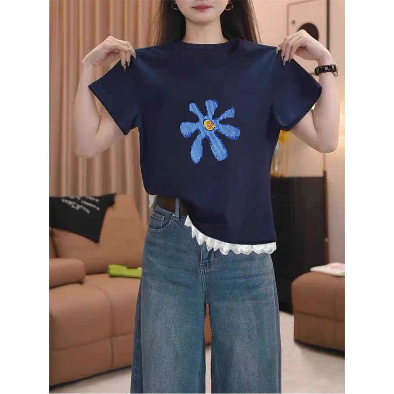 2025新款花边正肩圆领短袖t恤女小众设计感直筒版型气质百搭上衣