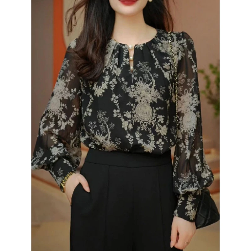 气质减龄印花长袖衬衣女士2024夏季新款宽松遮肉洋气百搭上衣