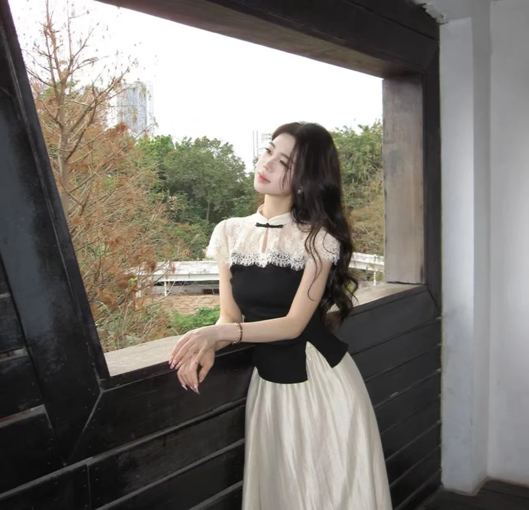 【爱不释手】高级感夏季新款新中式蕾丝拼接气质上衣+A字裙两件套