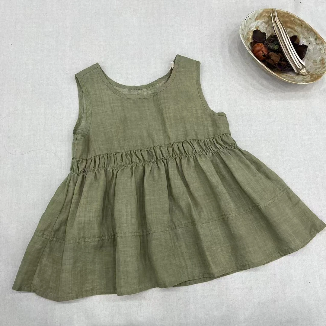 〖姐姐家〗2025夏款萌娃穿搭绿色收腰肩带娃娃衫衬衫bt5862