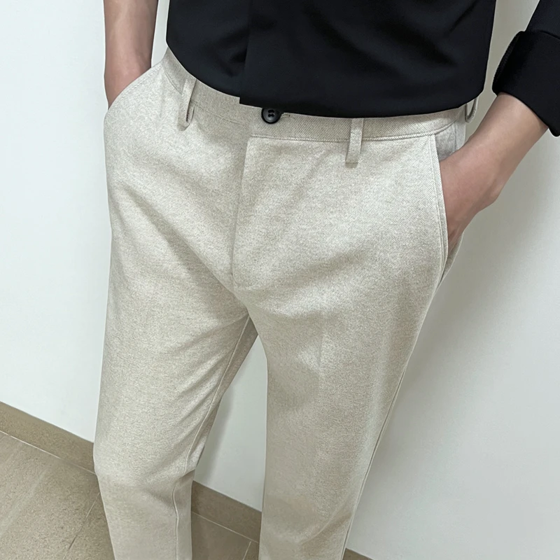 Tispair轻奢毛呢男修身长裤子秋冬款加厚保暖高级感商务直筒西裤