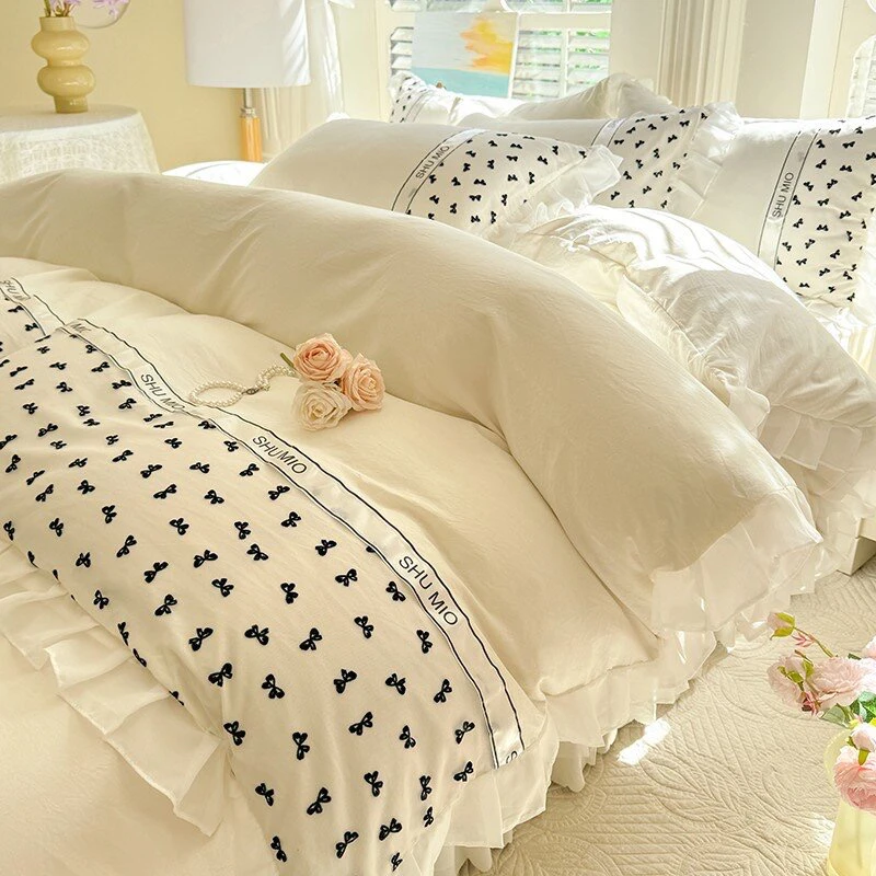 纯色公主风床裙款四件套蕾丝花边水洗棉纱丽莎春日