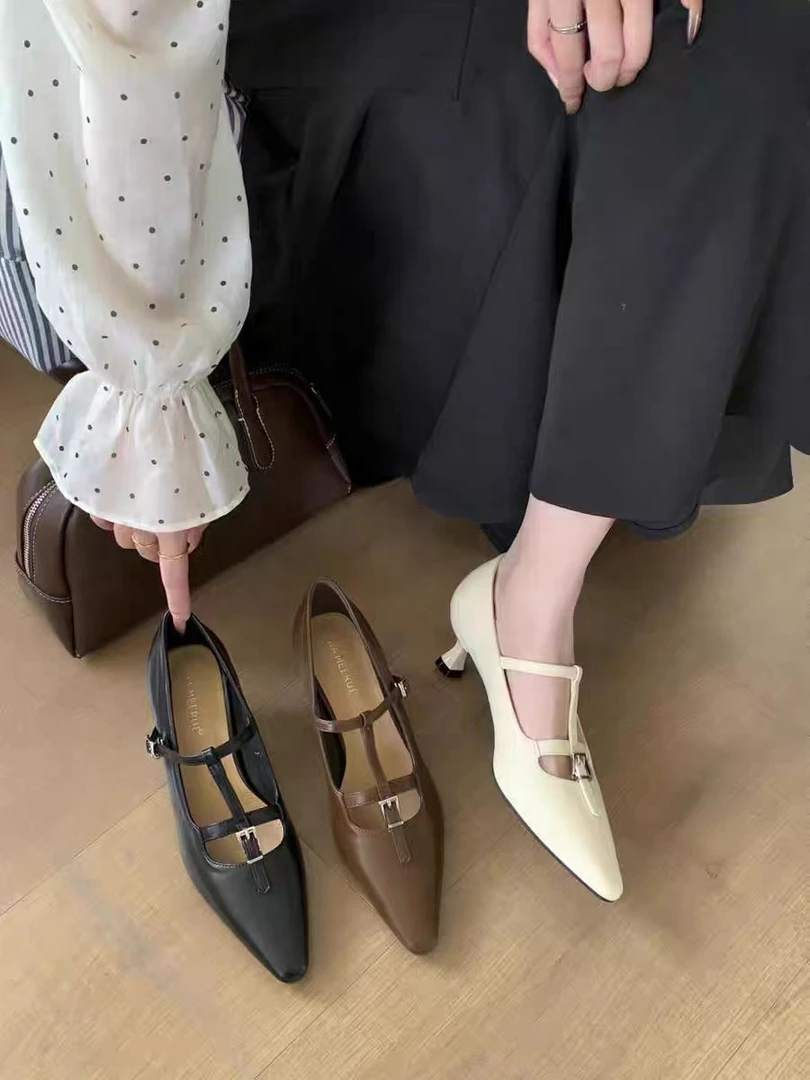 001-200UC轻奢气质小跟鞋法式尖头皮鞋女ins潮牌百搭一字带高跟鞋