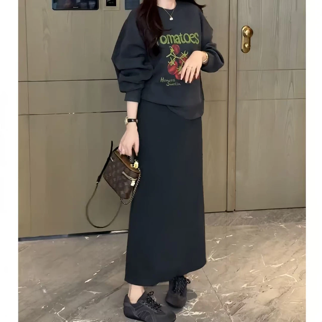 秋冬毛呢半身裙大码显瘦百搭高腰弹力垂感纸片中长款开叉休闲裙