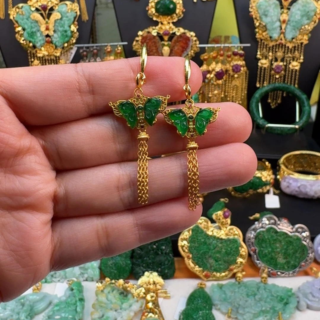 翡翠银S925镀金镶嵌颈饰耳坠 炸价